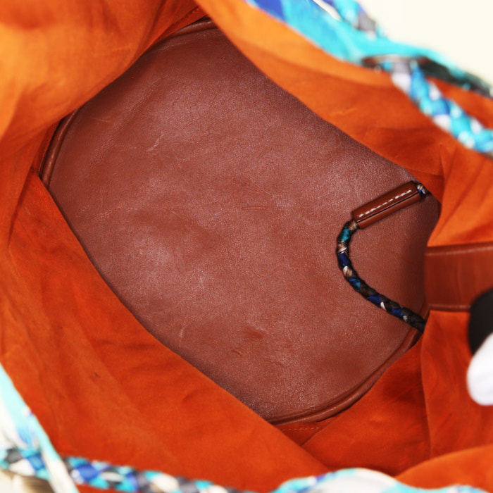 Mochila Hermès Soie Cool en seda gris y azul y cuero Barenia marrón - Detail D2