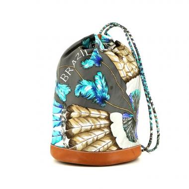 Mochila Hermès Soie Cool en seda gris y azul y cuero Barenia marrón