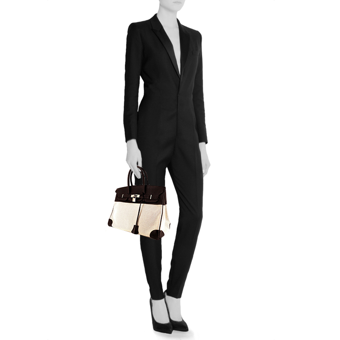 Bolso de mano Hermes Birkin 35 cm en cuero togo marrón y tejido "H" beige - Detail D1