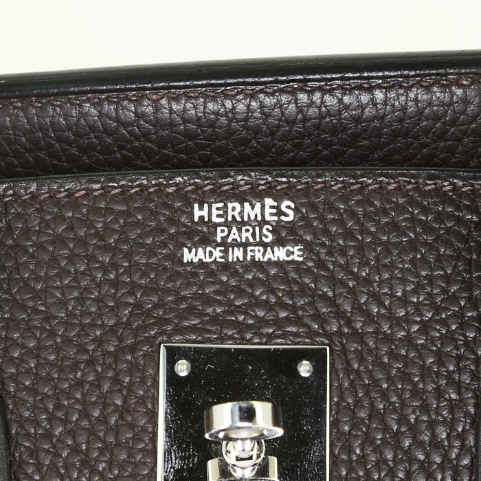 Bolso de mano Hermes Birkin 35 cm en cuero togo marrón y tejido "H" beige - Detail D3