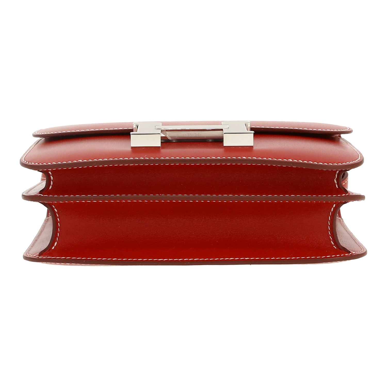 Sac bandoulière Hermès  Constance mini  en cuir box rouge-brique - Detail D1