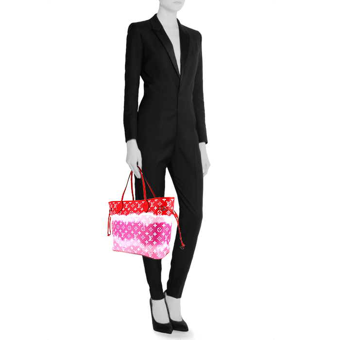 Shopping bag Louis Vuitton Neverfull Limited Edition Escale modello medio in tela monogram rossa rosa e bianca e pelle rossa - Detail D1