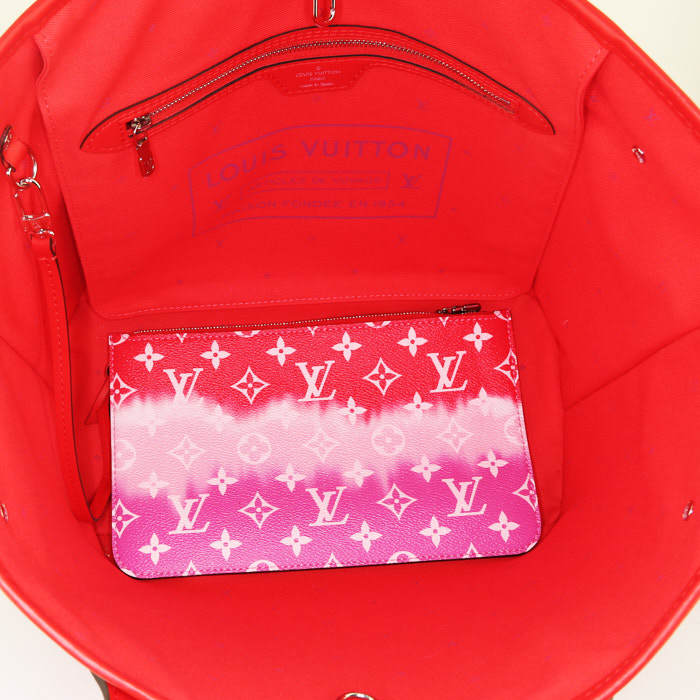 Shopping bag Louis Vuitton Neverfull Limited Edition Escale modello medio in tela monogram rossa rosa e bianca e pelle rossa - Detail D2