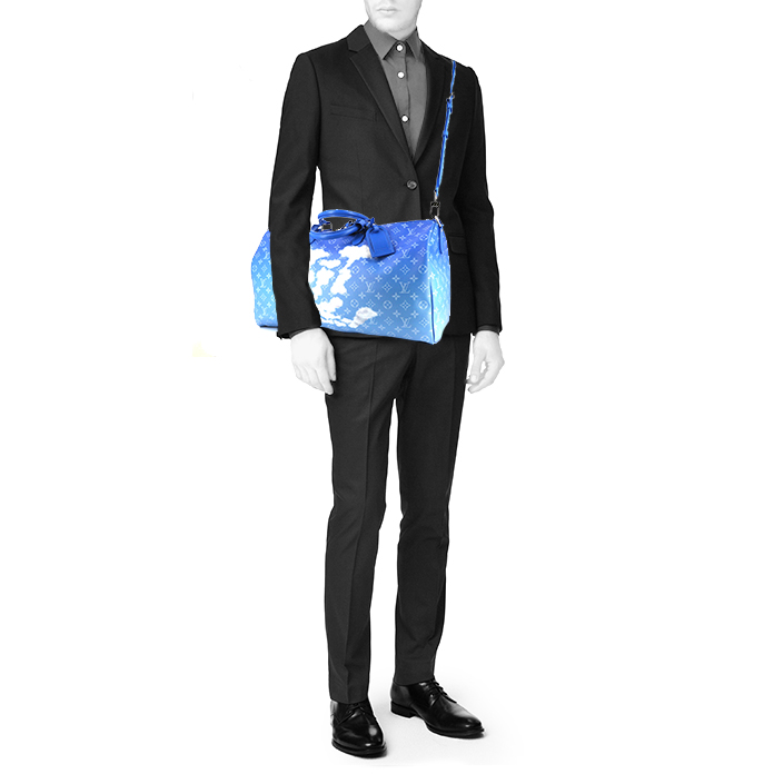 Louis Vuitton Keepall Editions Limitées weekend bag in light blue and white monogram canvas and blue leather - Detail D2