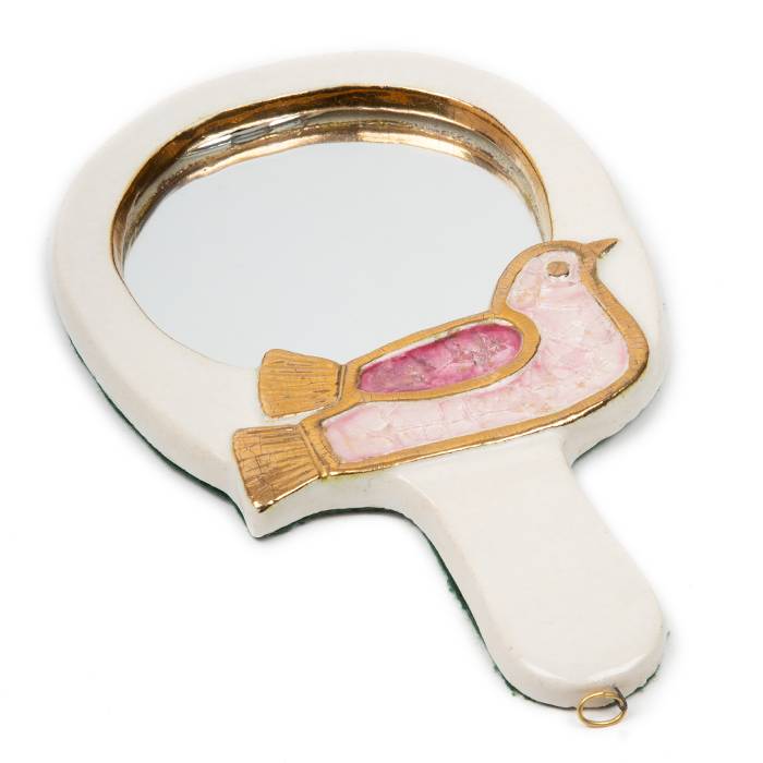 Mithé Espelt, "Mésange" hand mirror, in embossed and enameled earthenware, crystallized glass and gold, model from the 1950's - 00pp