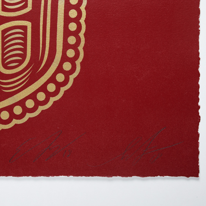 Shepard Fairey (OBEY GIANT) 
Ernesto Yerena, “Obey day of the Dead” (Red and gold), HPM (hand painting multiple), rare pochoir et bombe aérosol sur papier, signé des deux artistes, numéroté sur 2 exemplaires, daté et encadré, de 2018 - Detail D3