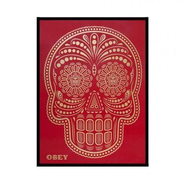 Shepard Fairey (OBEY GIANT) 
Ernesto Yerena, “Obey day of the Dead” (Red and gold), HPM (hand painting multiple), rare pochoir et bombe aérosol sur papier, signé des deux artistes, numéroté sur 2 exemplaires, daté et encadré, de 2018