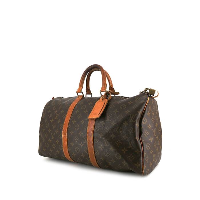 Bolsa de viaje Louis Vuitton Keepall 45 en lona Monogram marrón y cuero natural - 00pp