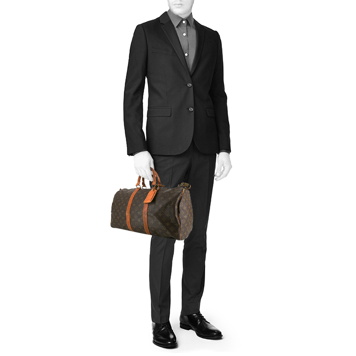 Bolsa de viaje Louis Vuitton Keepall 45 en lona Monogram marrón y cuero natural - Detail D1