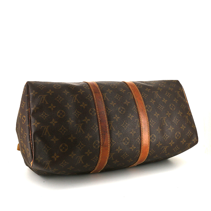 Bolsa de viaje Louis Vuitton Keepall 45 en lona Monogram marrón y cuero natural - Detail D4