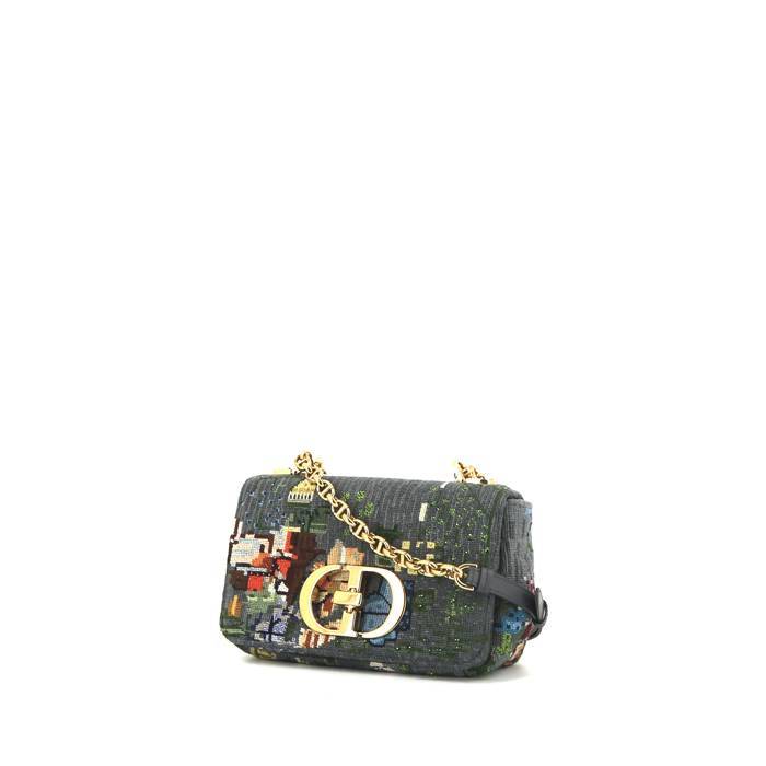 Large Dior Caro Daily Pouch Black Cannage Tweed Embroidery