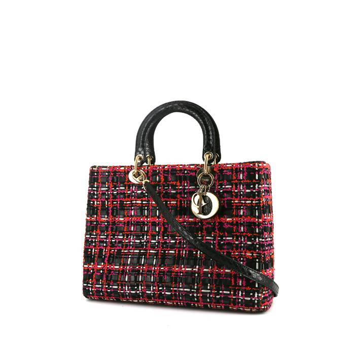 Dior Lady Dior large model bag worn on the shoulder or carried in the hand in black, red, pink and white tweed and black leather - 00pp