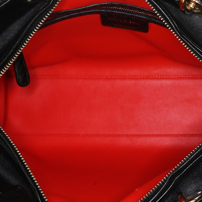 Dior Lady Dior large model bag worn on the shoulder or carried in the hand in black, red, pink and white tweed and black leather - Detail D3