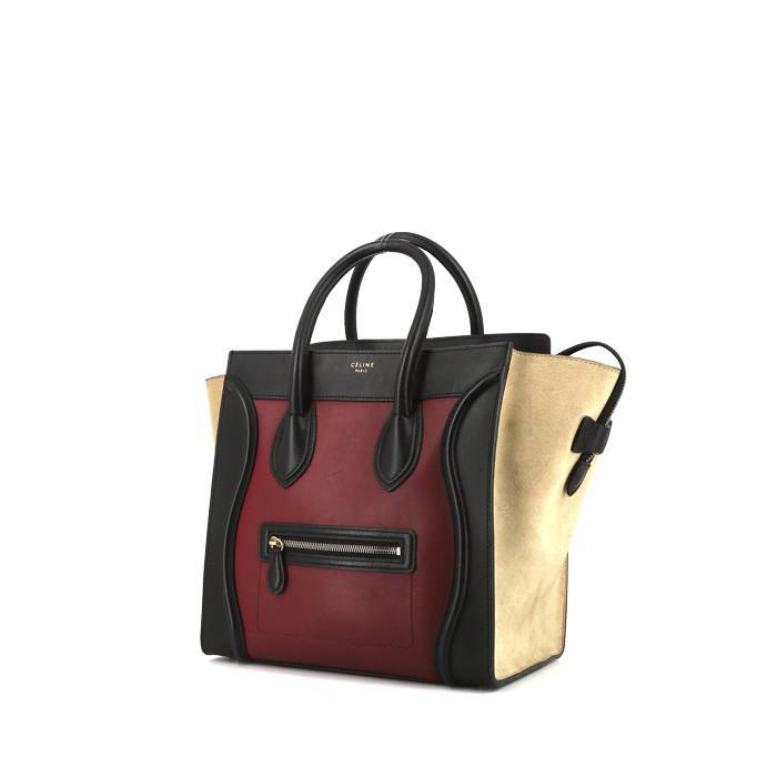 Celine Luggage mini handbag in black and burgundy leather and beige suede - 00pp