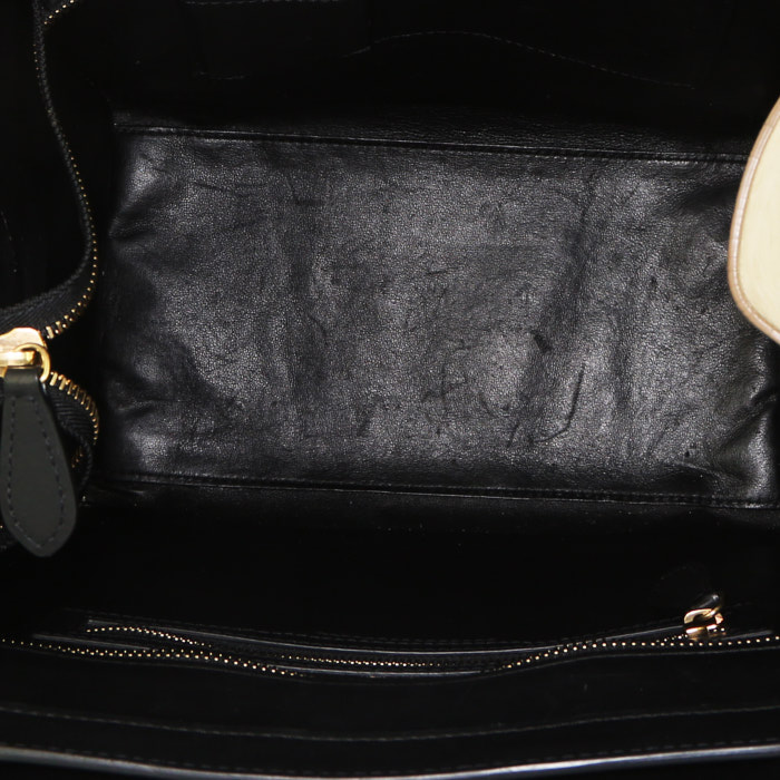 Celine Luggage mini handbag in black and burgundy leather and beige suede - Detail D2