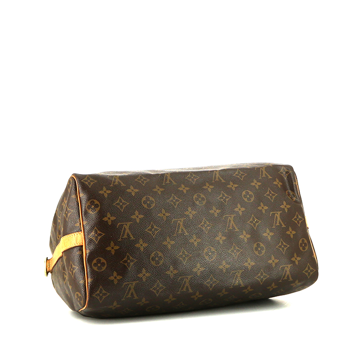 Sac à main Louis Vuitton Speedy 35 en toile monogram marron et cuir naturel - Detail D5