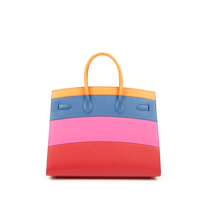 Bolso de mano Hermès Birkin 35 cm Rainbow Sunset en cuero epsom rosa Magnolia rojo Casaque, azul Agate y albaricoque - Detail D2