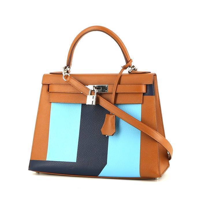 Bolso de mano Hermès  Kelly 28 cm en cuero epsom color oro y azul oscuro y cuero Mysore azul claro - 00pp