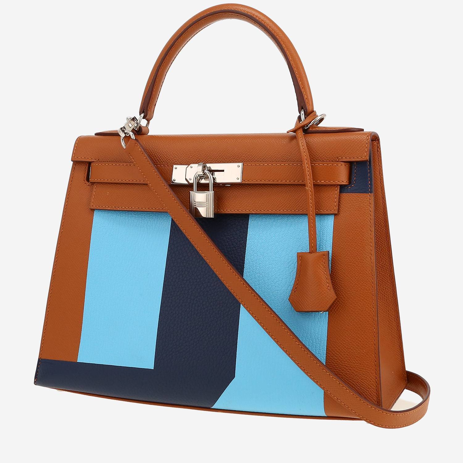 Borsa Hermès  Kelly 28 cm in pelle Epsom gold e blu scuro e pelle Mysore celeste