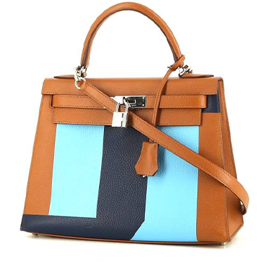 Sac à main Hermès  Kelly 28 cm Lettre S en cuir epsom gold et bleu-foncé et cuir Mysore bleu-ciel