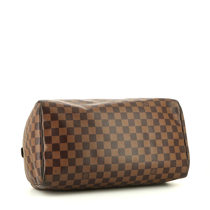 Sac à main Louis Vuitton  Speedy 35 en toile damier ébène et cuir marron - Detail D4