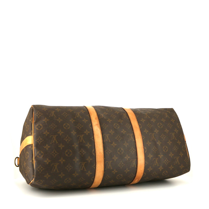 Bolsa de viaje Louis Vuitton Keepall 50 en lona Monogram marrón y cuero natural - Detail D5