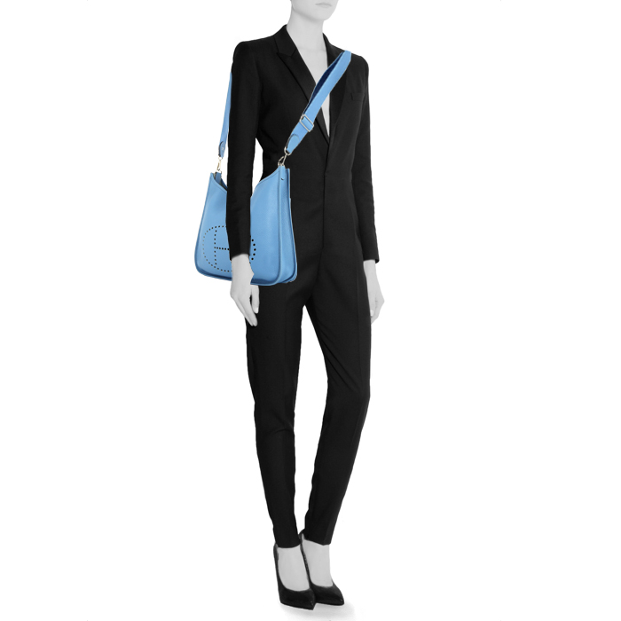 Hermes Evelyne large model shoulder bag in Bleu Paradis leather taurillon clémence - Detail D1