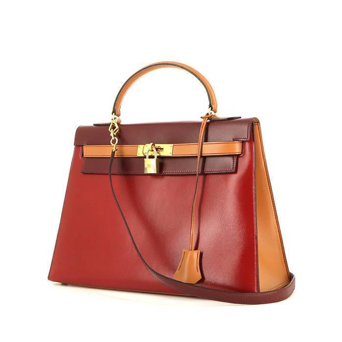 Hermes Kelly 32 cm handbag in red, burgundy and gold tricolor box leather - 00pp