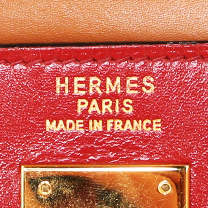 Hermes Kelly 32 cm handbag in red, burgundy and gold tricolor box leather - Detail D4
