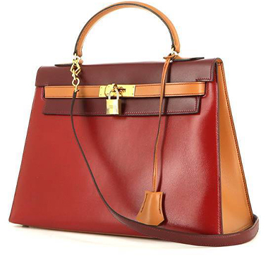 Sac à main Hermes Kelly 32 cm en cuir box tricolore rouge bordeaux et gold