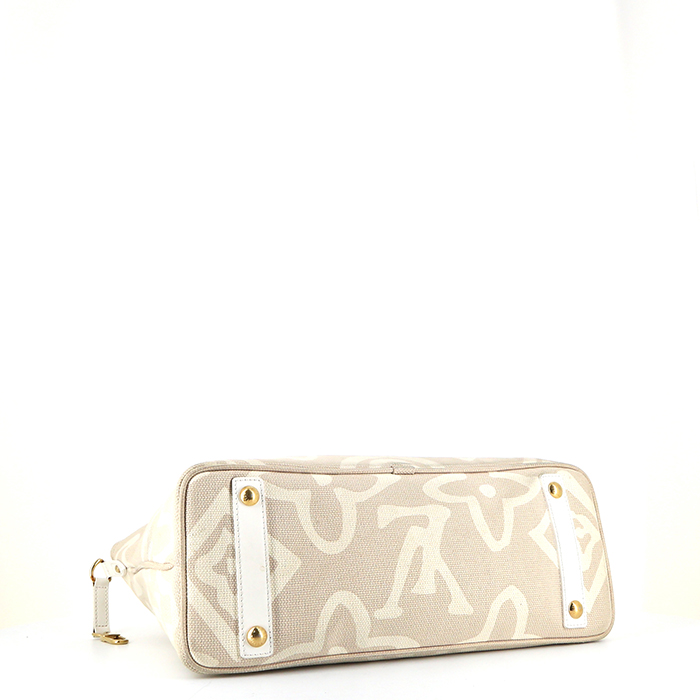 Shopping bag Louis Vuitton in tessuto monogrammato bicolore bianco e beige - Detail D4