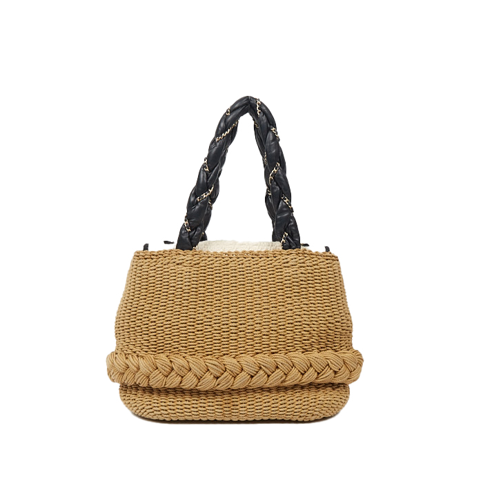 Sac cabas Chanel en toile tressée beige et cuir noir - Detail D2