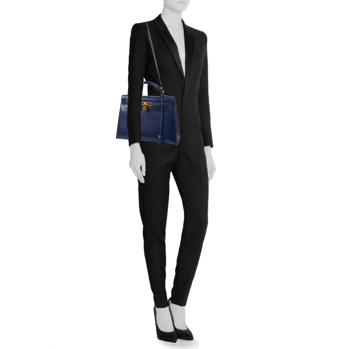 Hermes Kelly 32 cm handbag in blue box leather - Detail D1