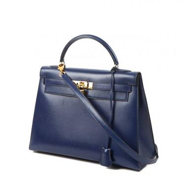 Bolso de mano Hermes Kelly 32 cm en cuero box azul