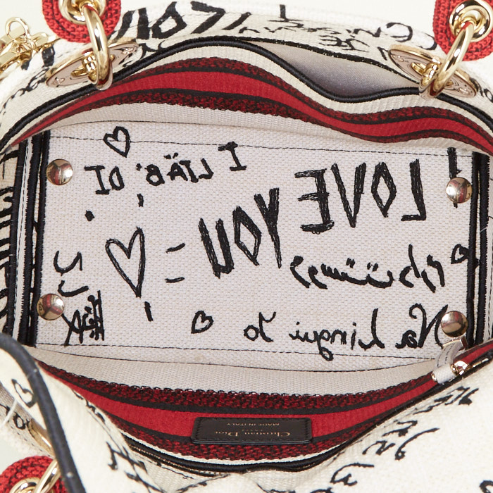 Dior Lady Dior handbag in white, red and black canvas - Detail D3