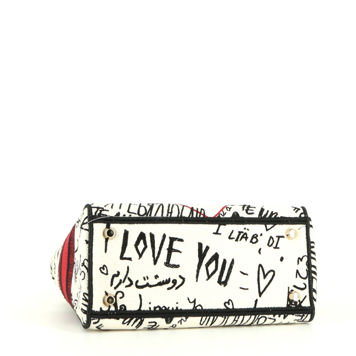 Dior Lady Dior handbag in white, red and black canvas - Detail D5