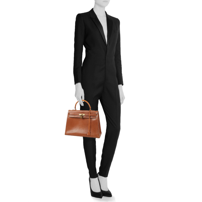 Bolso de mano Hermes Kelly 35 cm en cuero de Pecarí color oro - Detail D1