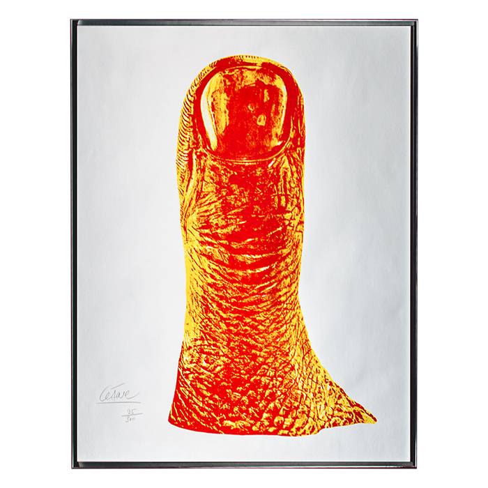 César, "Le pouce", silkscreen in colors printed on silver metallized wove paper, signed, numbered and framed, of 1971 - 00pp