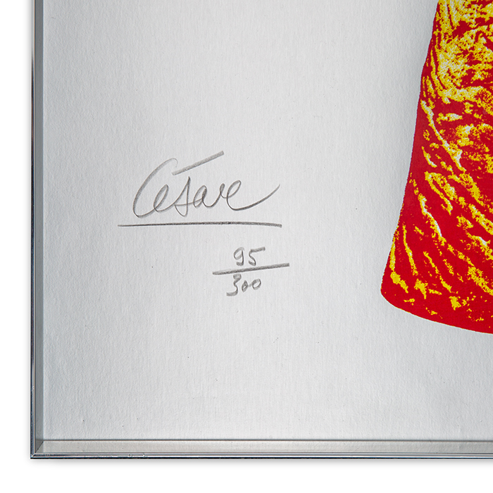 César, "Le pouce", silkscreen in colors printed on silver metallized wove paper, signed, numbered and framed, of 1971