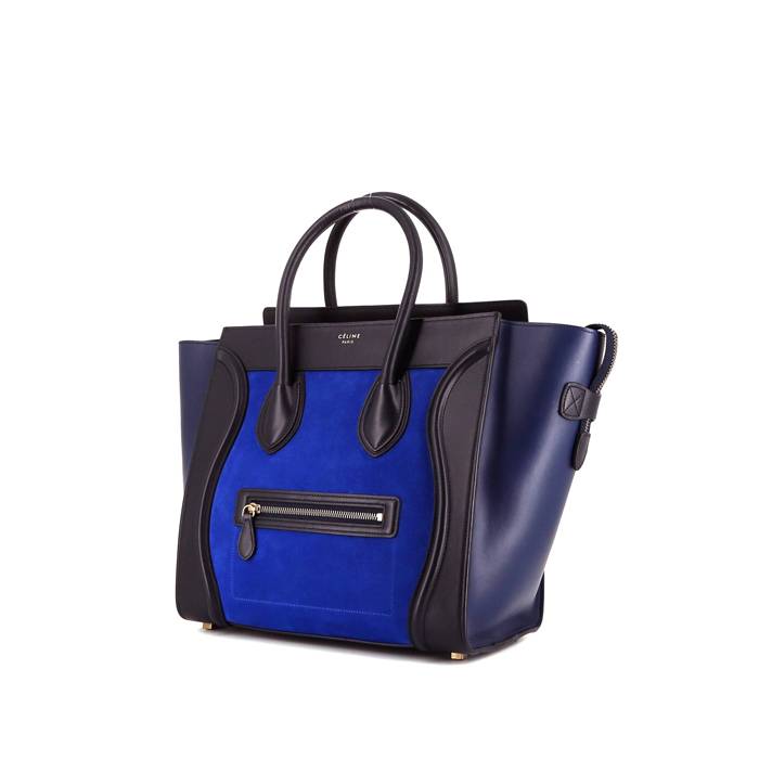Sac à main Celine Luggage petit modèle en cuir bleu-foncé et noir et daim bleu- électrique - 00pp