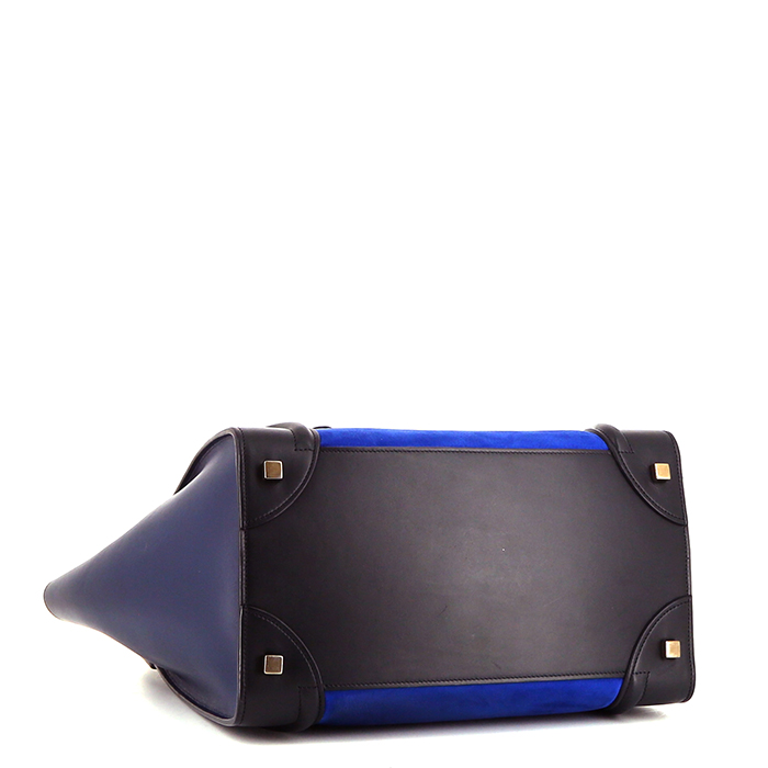 Celine Luggage small model handbag in dark blue and black leather and electric blue suede - Detail D5