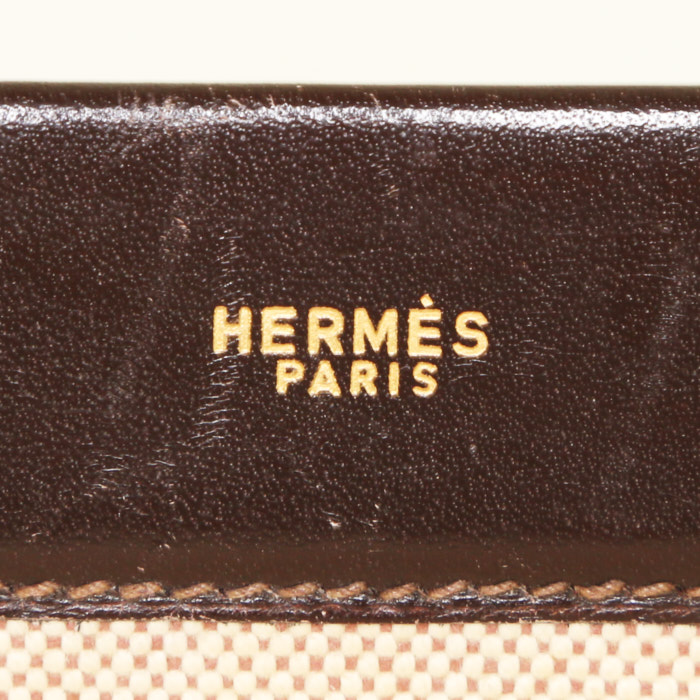 Hermès Vintage bag in brown leather and beige canvas - Detail D3