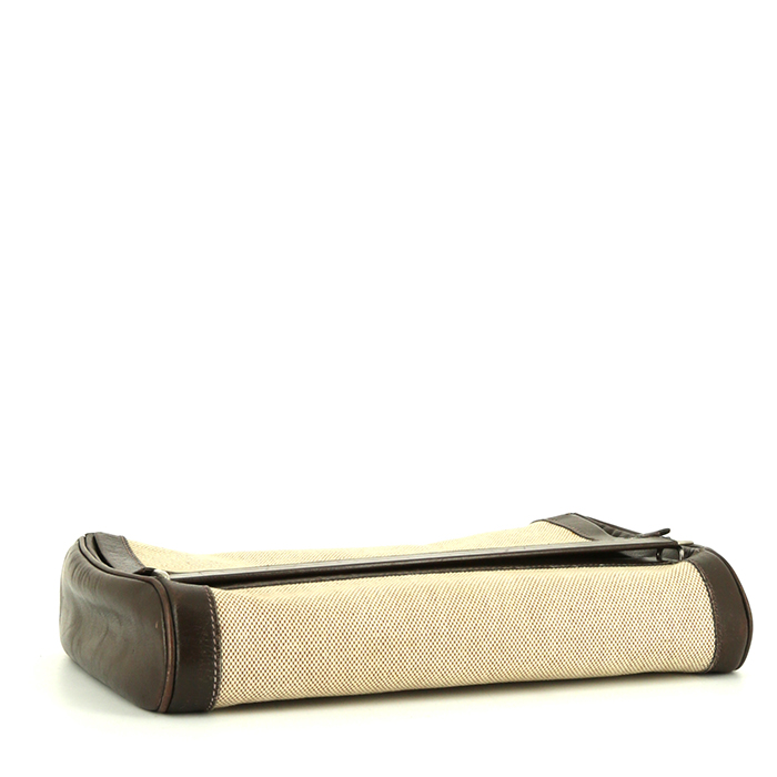 Trousse Hermès Vintage en cuir marron et toile beige - Detail D4