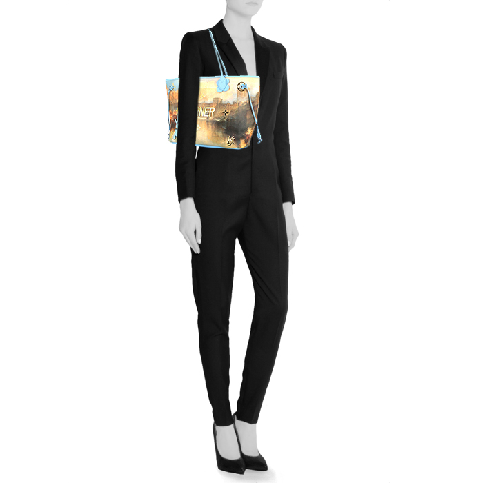 Sac cabas Louis Vuitton Neverfull Edition Limitée Jeff Koons moyen modèle en toile et cuir bleu - Detail D1