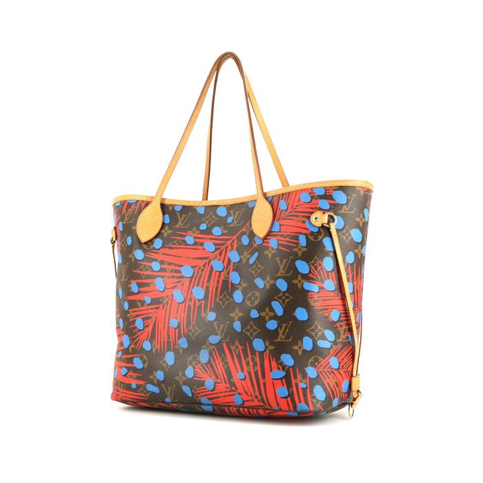 Shopping bag Louis Vuitton Neverfull Jungle modello medio in tela monogram marrone rossa e blu con motivo e pelle naturale - 00pp