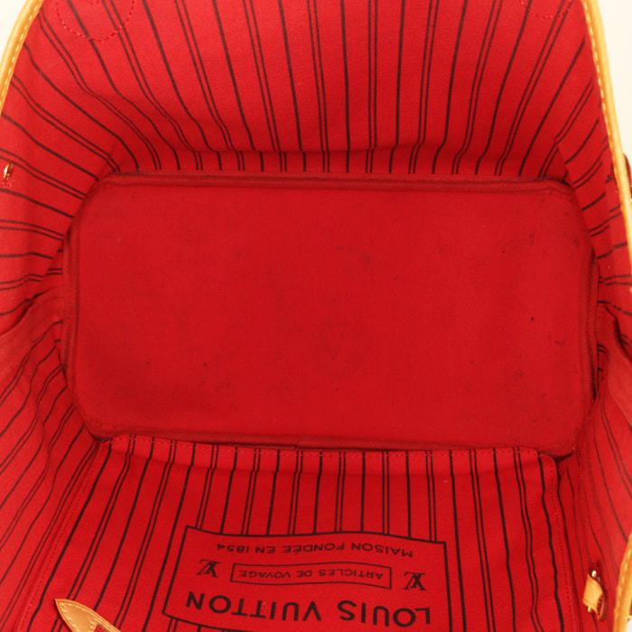 Sac cabas Louis Vuitton Neverfull Jungle moyen modèle en toile monogram marron rouge et bleue et cuir naturel - Detail D2