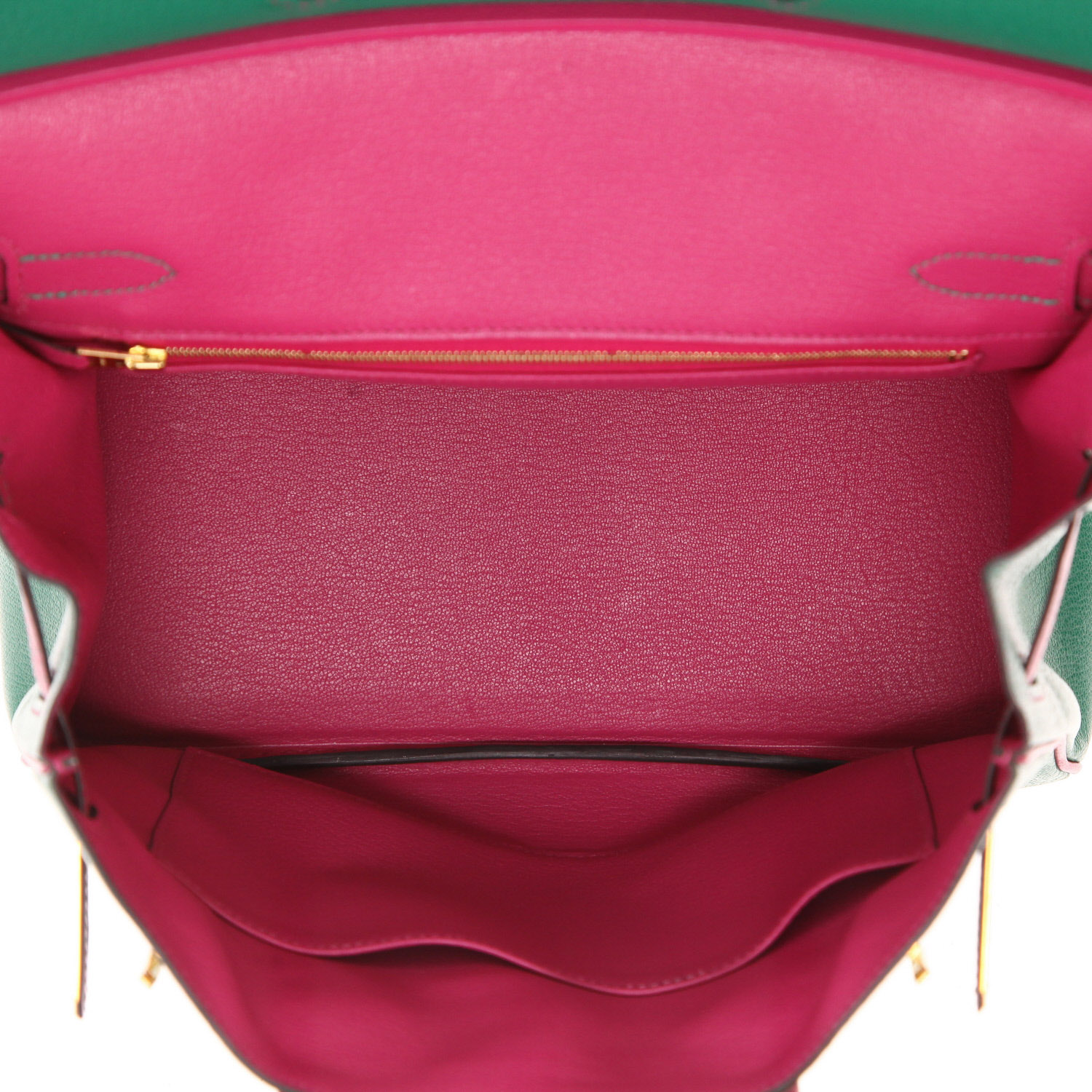 Sac à main Hermes Birkin 30 cm en chevre bicolore verte et fuschia - Detail D3