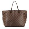 Shopping bag Louis Vuitton Neverfull modello grande in tela cerata con motivo a scacchi ebano e pelle marrone - 360 thumbnail