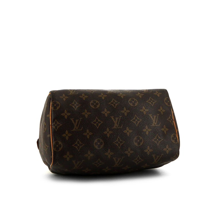 Bolso de mano Louis Vuitton Speedy 25 cm en lona Monogram marrón y cuero natural - Detail D4