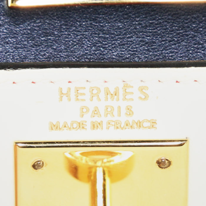 Hermès Kelly 28 cm handbag in cream color, blue and red tricolor box leather - Detail D4